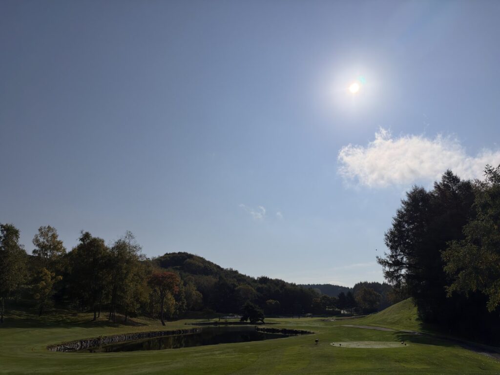 日差しがまぶしい池越しのホール