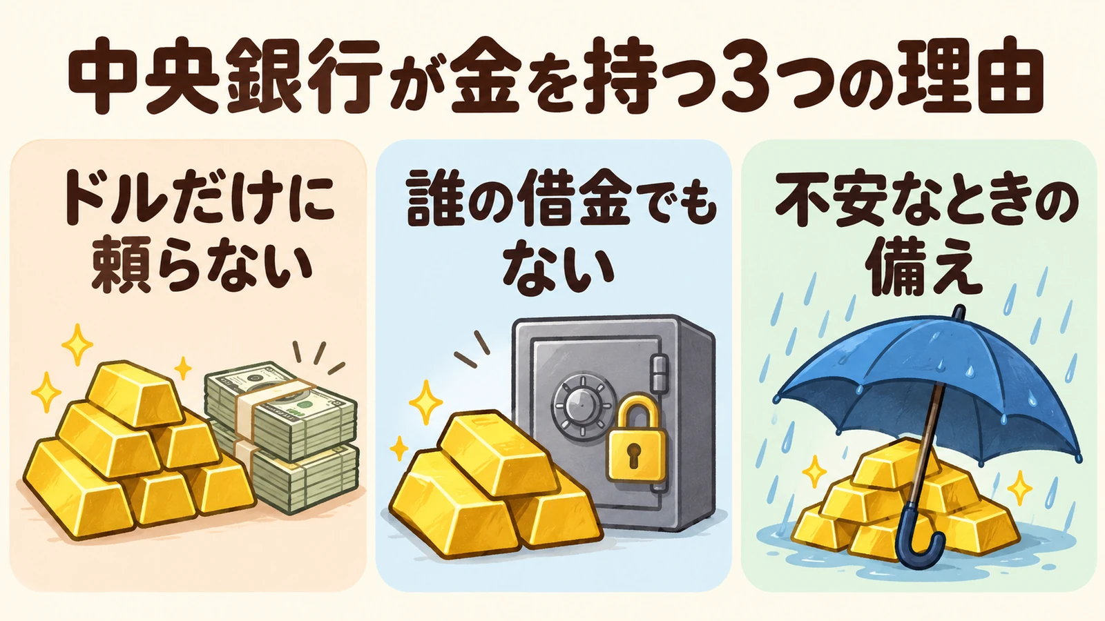 中央銀行が金を持つ3つの理由（ドルだけに頼らない、誰の借金でもない、不安なときの備え）を示した図解