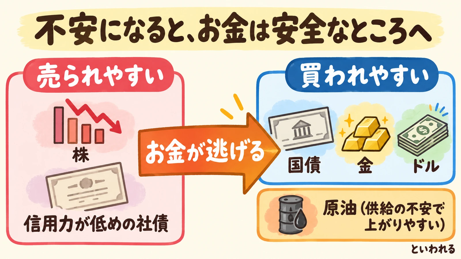 有事のとき、売られやすいものと買われやすいものを示した図解